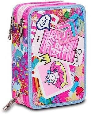SJ GANG, Astuccio Scuola 3 Zip SJ GANG, UNISELFIE, Rosa - Attrezzato con Matite, Pennarelli, Portapenne Scuola Bambino