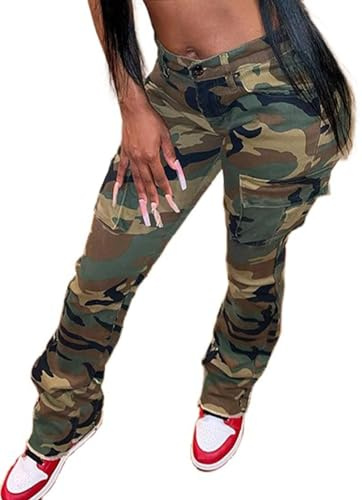 Ptorlio Women Camo Cargo Pants Camouflage Army Fatigue High Waisted Jogger Sweatpants Plus Size