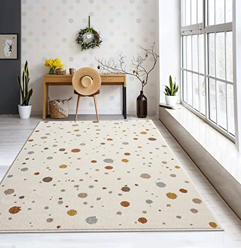 the carpet Beat Kids Moderner Weicher Kinderteppich, Weicher Flor, Pflegeleicht, Farbecht, Punkte Muster, Creme, 80 x 150 cm