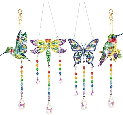 DIY Diamantmalerei Sonnenfänger, 4 Stück 5D DIY Punktbohrer Diamantmalerei, Diamond Painting Windspiele für Kinder, DIY Basteln für Erwachsene, Kolibri, Schmetterling, Windspiel, Fenster, Garten