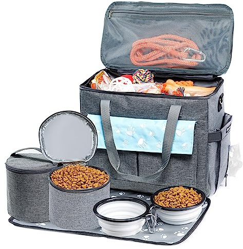 CLAWIST Hunde-Reisetasche, von Fluggesellschaften zugelassene Hundetaschen für Reisen, 2 Hundefutter-Reisebehälter und faltbare Näpfe, Wochenend-Haustier-Reisetaschen (XL)