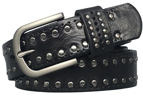 JIARY Ledergürtel Damen Nietengürtel, Gürtel Damen Schmal Verstellbarer Vintage Lässiger Echtledergürtel mit Legierung Dornschließegürtel, 3.3CM,Schwarz,100CM/39.4''