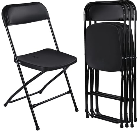 Pack 4 Sillas Plegables Negras Apilables Resistentes Para Interior Exterior | Asiento Ergonómico Plástico Reforzado Estructura Acero Antideslizante | Uso Oficina Comedor Eventos Camping | Hasta 120kg