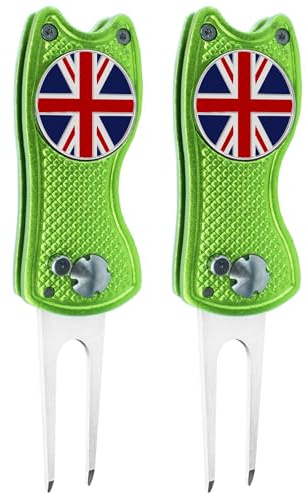 FINGER TEN Golf Divot Repair Tool Switchblade with Ball Marker Value 2 Pack, Stainless Steel Pitchfork with Pop-up Button Magnetic Marker Foldable Portable Gifts (2 Pack in Green)