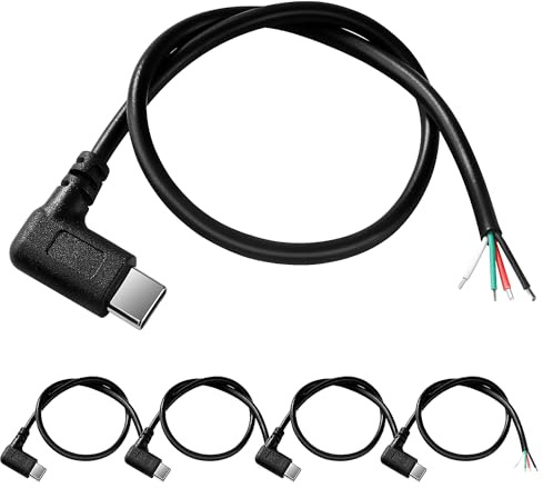 KUOQIY 5 Pezzi 30cm 22AWG Angolo Retto USB Tipo C Maschio SPina Cavo 4 Fili di Alimentazione Pigtail Cavo, 5V 3A USB-C a 4 Pin Connettore Aperto a Filo Nudo, per Fai da Te