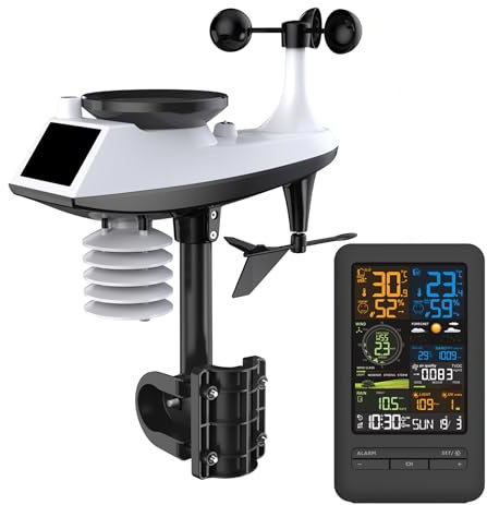 Station Météo Sans Fil, Avec Wifi Et Capteur Extérieur Pro 7 En 1 (Vent, Humidité De L’air, Température, Précipitations, Niveau UV, Intensité Lumineuse) 15 langues avec réveil et calendrier