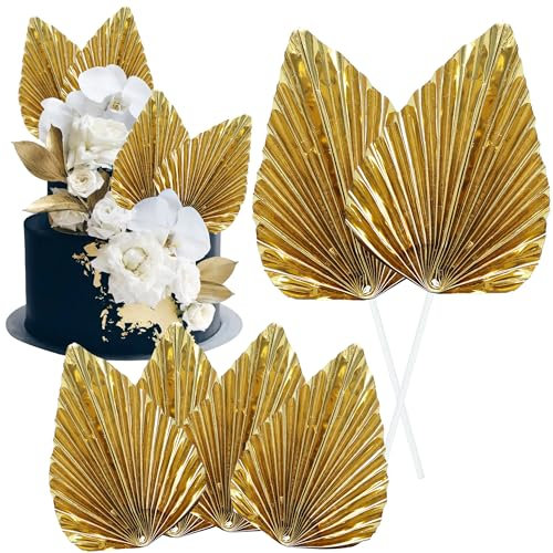 Gyufise 6Pcs Bright Gold Paper Palm Fan Cake Toppers Palm Spear Leaves Fan Cupcake Toppers Cake Insert Decorations Craft DIY Cake Bakeware Decoration for Birthday Party Wedding Party