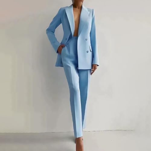 Set di abbigliamento da donna contemporaneo con giacca a maniche lunghe e pantaloni a vita alta sartoriali, Blu, XL