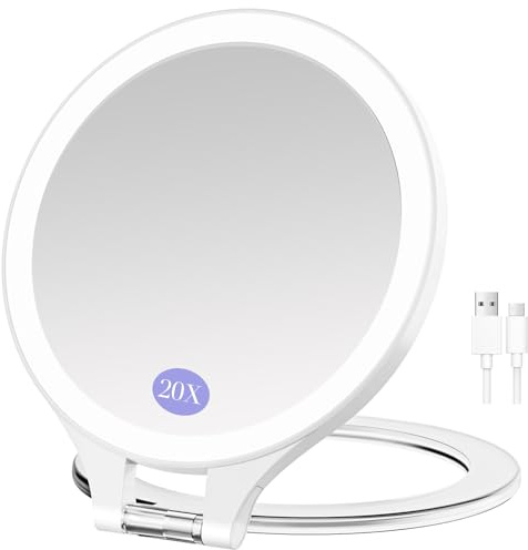 FUNTOUCH Wiederaufladbarer Kosmetikspiegel mit Beleuchtung 1X / 20X | 3 Farbige Beleuchtung Schminkspiegel, Dimmbarer Touchscreen, Faltbarer Tragbarer Make up Spiegel
