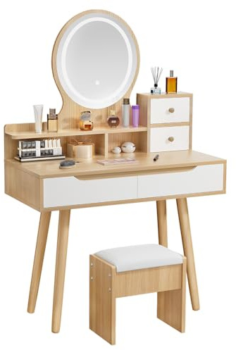 Moderner Schminktisch mit LED-Spiegel, 80 cm, 4 Schubladen, Hocker inklusive, Holzbeine