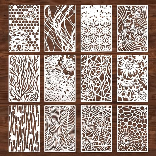 12Pcs Stencils for Painting, Texture Stencils for Crafts Reusable Natural Plants Wood Grains Flower Texture Templates Geometric DIY Art Painting Stencil for Canvas Bag, Card, Wall