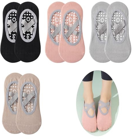 Enreluya Calcetines De Yoga (4 Pares), Tallas 35-41 Calcetines Pilates Mujer Antideslizantes, Fitness Antideslizantes, Para Pilates, Danza, Fitness, Negro + Rosa + gris + café
