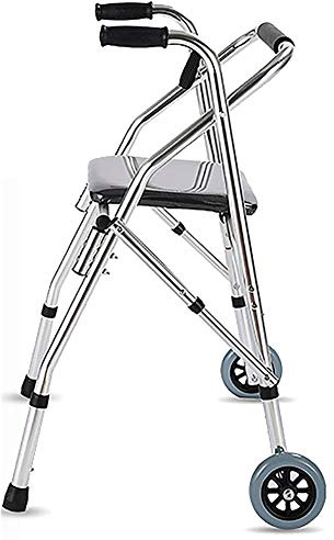 Andador plegable de aluminio con asa, asiento y 2 ruedas grandes, andador vertical portátil para personas mayores para interiores y exteriores, altura ajustable, carga 150 kg