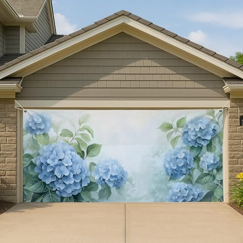 Housse de porte de garage en fleur d'hortensia, aquarelle bleue, grande décoration de porte de garage, décoration de fond de maison extérieure printanière, 397 x 180 cm