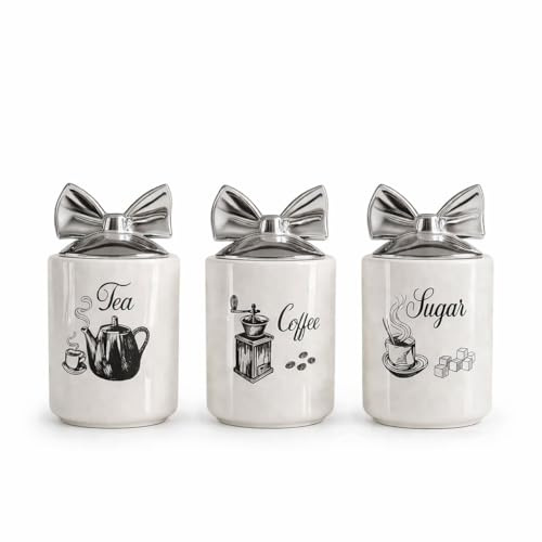 BMLIMITED BML White Elegant Ceramic Tea Coffee Sugar Storage Canisters Set with Silver Bow Lids Airtight Kitchen Counter Containers for Tea Coffee Sugar Food Storage