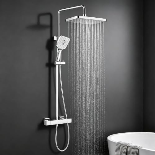 JUSTER Miscelatore termostatico doccia, Colonna doccia con miscelatore | Colonna doccia，coccia pioggia 25 cm, 3 getti, altezza reg., miscelatore termostatico 38°C, accessori, installazione facile.