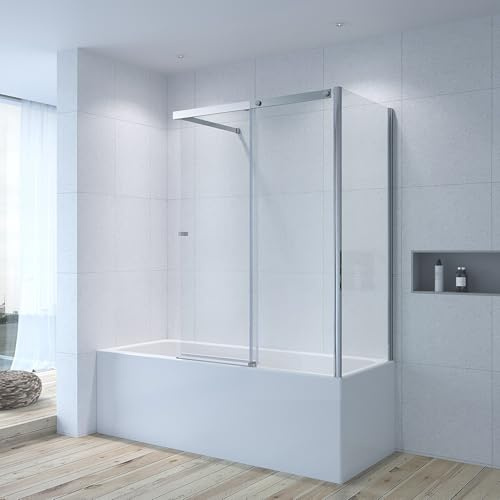 AQUABATOS Duschwand Glas Badewanne Ecke mit Schiebetür 110 x 70 x 150 cm Badewannenaufsatz mit Seitenwand Duschabtrennung 6 mm ESG-Sicherheitsglas klar NANO-Beschichtung Duschschiebetür Chromoptik