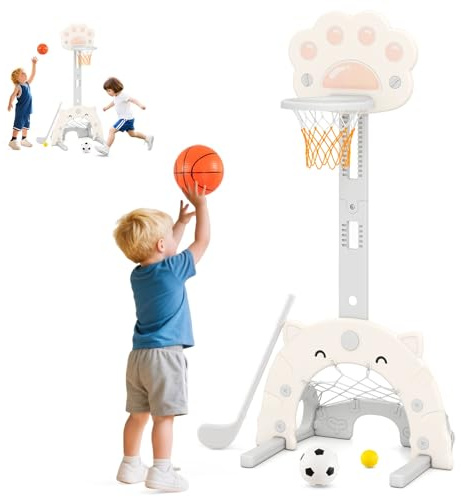 RELAX4LIFE Canestro da Basket 3 in 1 Regolabile in Altezza per Bambini, Pieghevole e Smontabile con Giochi di Calcio e Golf, Centro Sportivo per Bambini dai 3 Anni in Su (GRIGIO)