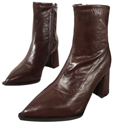 Generisch Chelsea Boots Bottes western pour femme à talons hauts Bottines d'hiver à talon bloc Bottes d'équitation mi-mollet rétro Western Cowboy Bottes en cuir Dentelle, marron, 38 EU