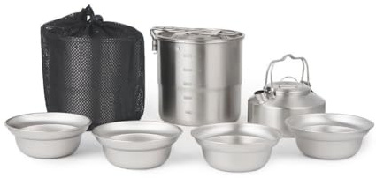 CashMuch Juego de utensilios de cocina para acampar al aire libre, acero inoxidable 304, 6 y 7 piezas con bolsa de almacenamiento de malla, ligero para camping, senderismo y aventuras familiares