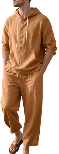 Herr 2-delat linne kläder - huva - lös passform casual knappar skjortor långa byxor tvådelat set, för streetwear, gUL, S