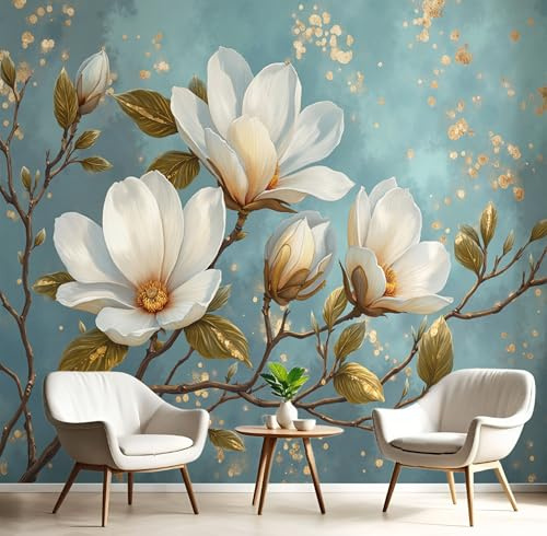 Carta Da Parati Effetto 3D Magnolia Classica Bianca 450×315cm, Fotomurali Non Tessuto XXL, Decorazione Poster Arte Murale Acquerello Fiori per Casa Ufficio Camera Letto Soggiorno