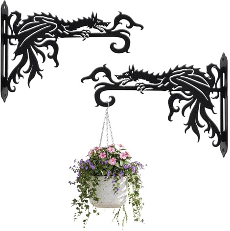 WVOPIAHY 2 Stück Gotische Drachen Wandhalterung Set, Metall Schwarz, 25cm x 19cm für Hängepflanzen, Vogelfutterspender, Windspiel, Laterne