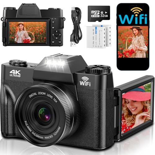 4K Digital Camera with WIFI, 75MP UHD Compact Cameras, 3 Inch 180° Flip Screen 16X Digital Zoom Autofocus Rechargeable Vlogging Camera with 32GB Card & 2 1500mAh Batteries for Beginners Teenagers
