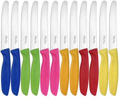 ViYiosew Frühstücksmesser Wellenschliff, Brötchenmesser, Tomatenmesser, Tafelmesser & Steakmesser 12-teilig, Universalmesser für Küche und Brotzeit, angespritzte Griffe, spülmaschinenfest(Mehrfarbig)