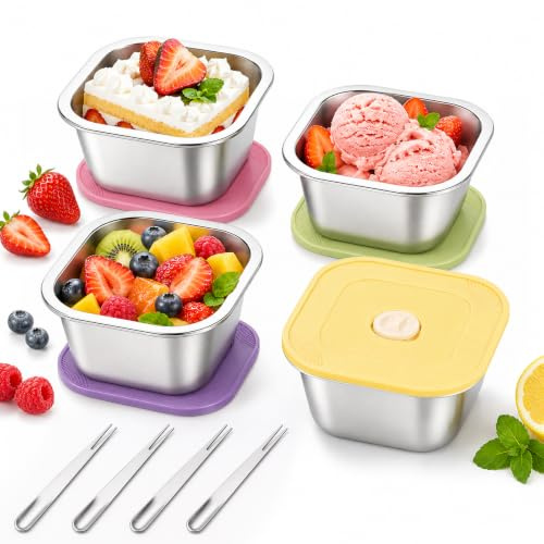 4 Coupelles Dessert Inox 400ml, , Boîte Alimentaire Inox Réutilisable | Boite Gouter Couvercles Colorés, pour Crème Glacée Gâteaux Fruits Snacks, Lunch Box Boîte Goûter avec 4 Cuillères