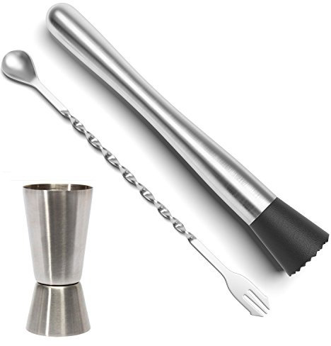 Prettyui - Stainless Steel Cocktail Muddler, Mixing Spoon, Jigger Set, Bar Tool Essentials