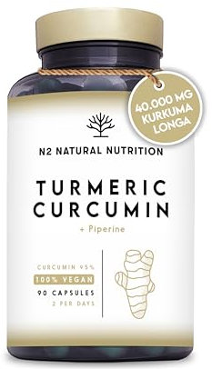 Curcuma Pipérine EXTRA FORT 95% de Curcumine et Poivre Noir. Optimale Absorption, Antioxydant | 90 Gélules -Végan Certifié-Fabriqué dans l'UE. N2 Natural Nutrition
