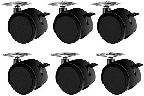 Twin Wheel Furniture Castors, Tiberham 40mm 360° Swivel Nylon Wheel Casters with Brake, Heavy Duty Non Marking Universal Swivel Caster Trolley Wheel with Fixing Plate (Pack of 6)