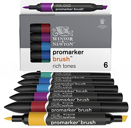 Winsor & Newton 0290126 ProMarker Brush für Zeichnungen, Kalligraphie, Design und Layouts, streifenfreies Zeichnen mit Keil- und Pinselspitze)- 6 Farben Set - Reiche Töne
