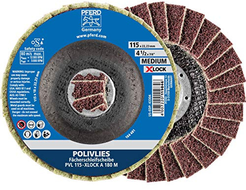 PFERD TOOLS POLIVLIES-Fächerscheibe, 5 Stück, 115mm, A180, mittel, X-LOCK (22,23 mm), 44694202 – für schnelle und komfortable Werkzeugwechsel, Scheiben-ø 115 mm