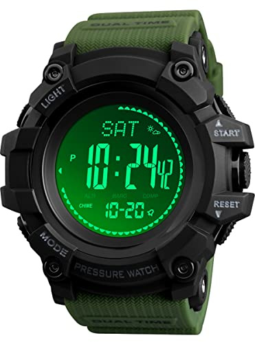 AOSLSI Watch Compass, Altimeter Barometer Thermometer Temperature, Pedometer, Military Army Waterproof Outdoors Sport Digital Watch for Men