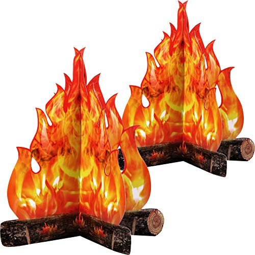 Boao Set di 2 fuochi finti in cartone 3D, decorazione da campeggio, centrotavola con fiamme artificiali, per feste di addio al nubilato, feste di Natale (30,5 x 25,4 cm, oro arancione)
