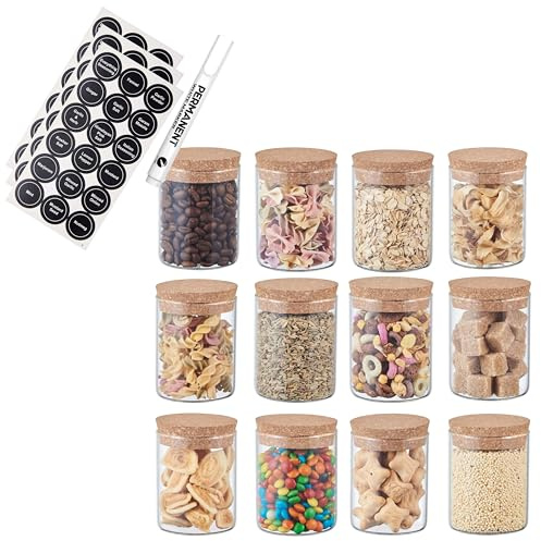 ORNAMI Small Glass Food Jar with Cork Lid and Airtight Sealing, Little Clear Canister Jar for Kitchen Storage, for Grains, Seeds, Salt, Pepper, Spices - Set of 12 (200ml)