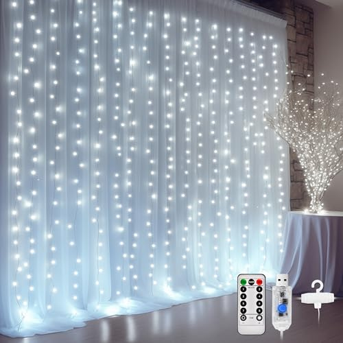 DazSpirit 3Mx3M 300 LED Lichtervorhang, USB Lichterkette vorhang innen | mit 8 Lichtmodi Fernbedienung und Timersteuerung, Wasserdicht für Hochzeit Weihnachten Schlafzimmer (weiß)