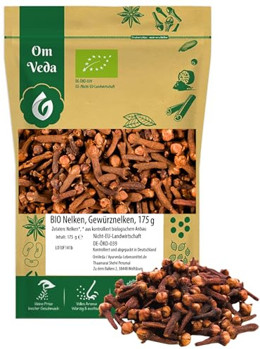 BIO Nelken Gewürznelken ganz | Nelken Gewürz Gewürze | Handverlesen Getrocknet | Kochen Backen | Organic Bio-Qualität DE-ÖKO-039 | Cloves Whole | OmVeda (175g)