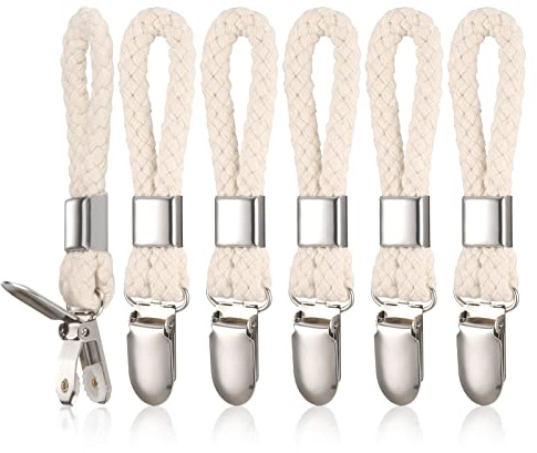 Fentar 6pcs Towel Clips, Metal Tea Towel Hooks with Woven Cotton, Sturdy Hanging Clips Tea Towels Holders, Storage Clips for Hanging Clothes, Tea/Beach/Hand Towels Clip Hooks for Kitchen Bathroom