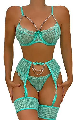 Aranmei Women's Lingerie Sets with Thigh Cuffs Sexy Underwear Set for Women Naughty 4 Pieces Garter Belt Lingerie Set Light Green L