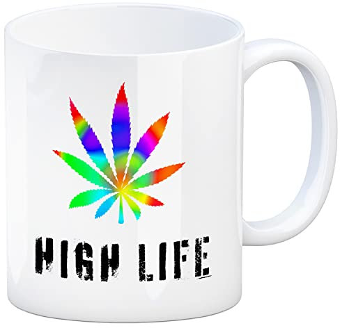 speecheese High Life Kaffeebecher mit Marihuanablatt in bunt Kaffeetasse für Kiffer mit Graspflanze Geschenk für Kiffer