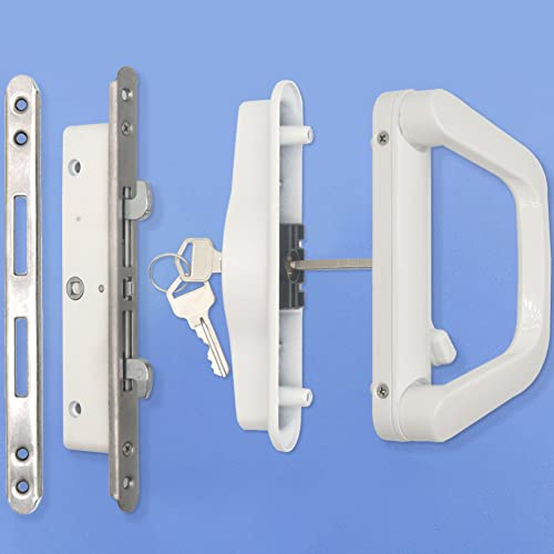 ALLYWASAI Sliding Patio Door Handle Set with Mortise Lock, Suitable for Sliding Glass Patio Door Thickness from 1.5in to 2in, 4-15/16 Screw Holes, Need to Drill, Reversible Design, Keyed, White