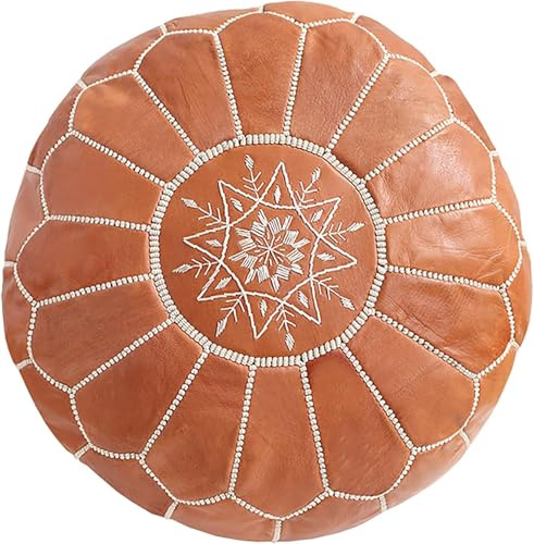OTTOMANMARRAKECH Unstuffed Genuine Round Leather Pouf | Moroccan Ottoman Footstool, Footrest Cover | Super Soft Handmade Ottoman Faux Comes in 20 D x 20 W x 14 H