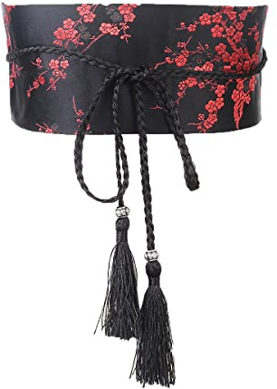 FAD-4U Womens Kimono Cotton Obi Belt Japanese Style Embroidered Wide Waistband Girdle with Tassel Yukata Robe Accessories (black red) One Size