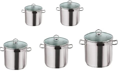 Stainless Steel Stock Pot with Vented Glass Lids- Deep Two Tone Silver Pot, Induction Base (Set of 5 22cm to 30 cm)