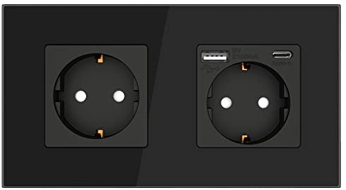 PULSAR Steckdose Unterputz mit USB-C, USB-A 2-Fach Schwarz Glas - Dose mit 20W Schnellladegerät - Doppelsteckdose 16A mit Kindersicherung 157x86mm