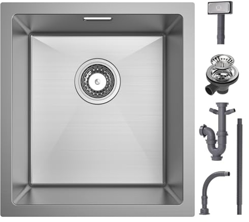 CECIPA Evier Cuisine 1 Bac 40 x 44 cm, Evier Inox Sous Plan, Évier de Cuisine pour Meubles Bas de 40 cm, Petit Lavabo Cuisine Cuve Simple avec Siphon, Kit de Drainage
