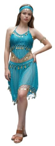 Conjunto de Top y Falda con Monedas y Tela de Lentejuelas para Bailar o disfrazarse de Danza del Vientre (Azul Turquesa/Dorado)